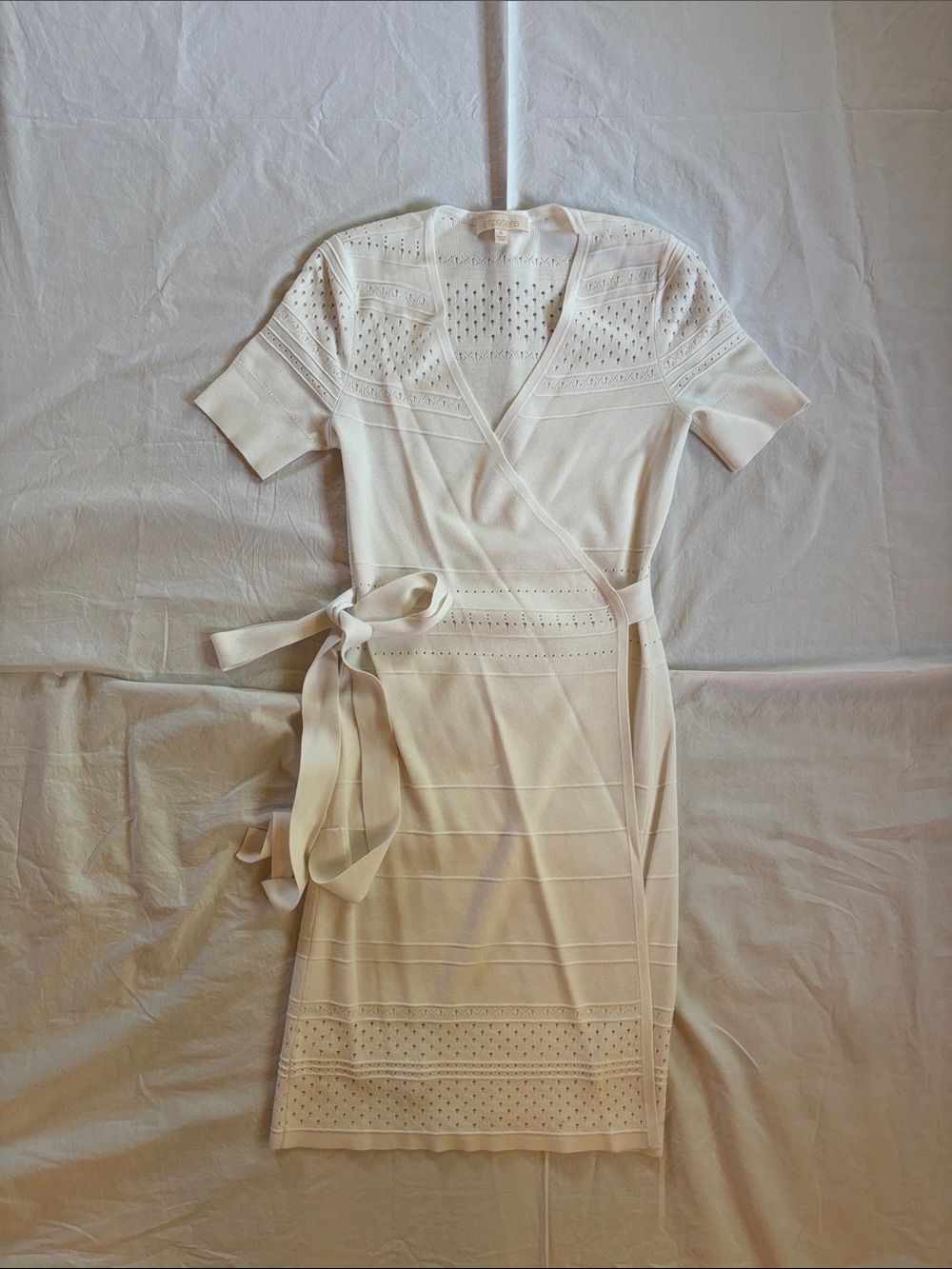 Etcetera Cream Wrap Knit Dress with Eyelet Detail